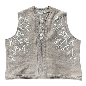 Coldwater Creek Wool Tan Snowflake Embroidered Sweater Vest Zip Up 3X Holiday